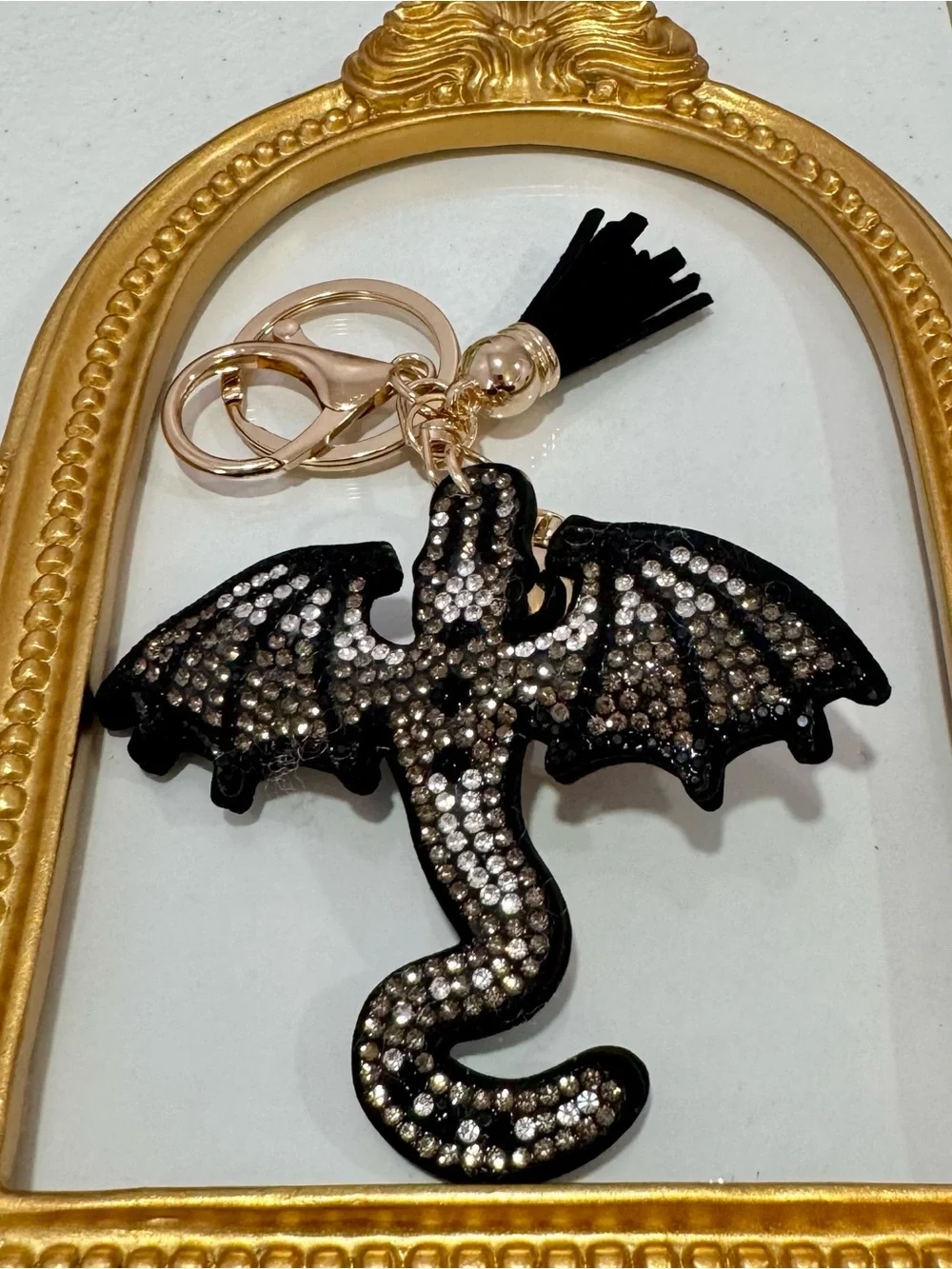 New Silver/ Black Crystal Dragon  Keychain with Gold Hardware